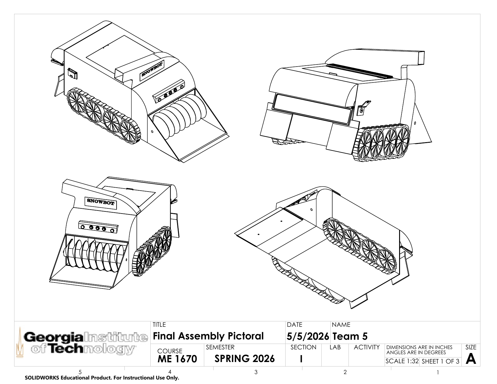 Four SolidWorks pictorial views of the completed SnowBot assembly