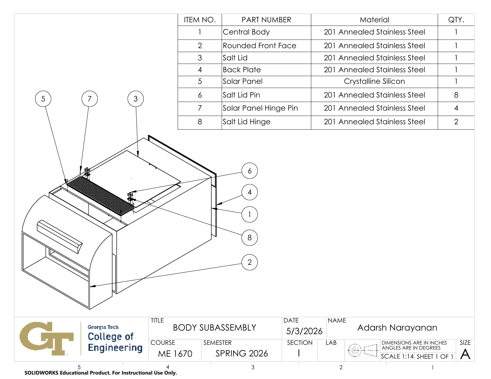 SolidWorks drawing and bill of materials for the SnowBot body subassembly designed by Adarsh Narayanan