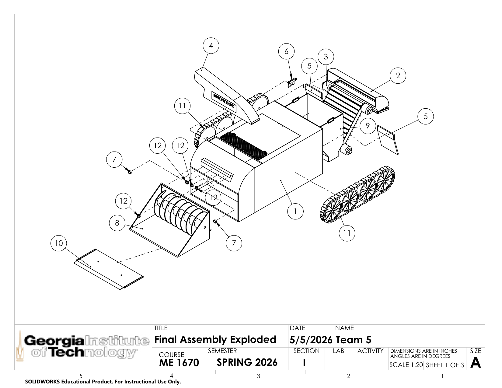 Exploded SolidWorks drawing of the complete SnowBot assembly with numbered components