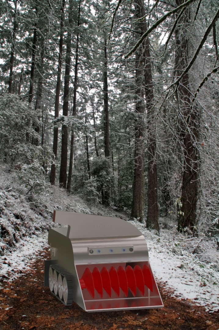 Front three-quarter rendering of SnowBot operating on a snowy trail
